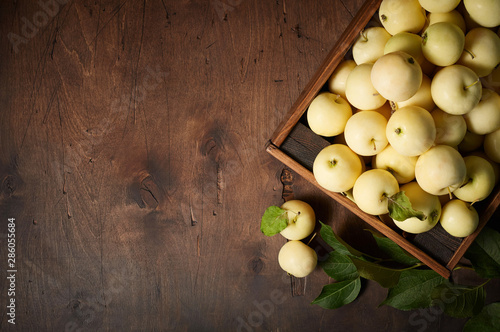 Obraz na płótnie Freshly harvested small apples in box with leaves on wooden background w salonie