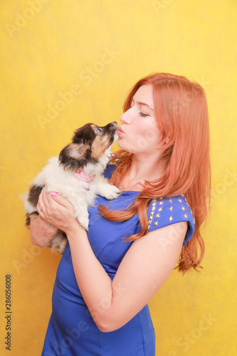 Relaxed red-haired girl embracing puppy on yellow background. Studio portrait of white appealing woman chilling with dog.