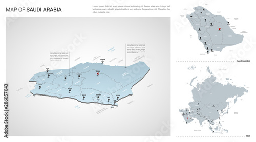 Vector set of Saudi Arabia country.  Isometric 3d map, Saudi Arabia map, Asia map - with region, state names and city names.