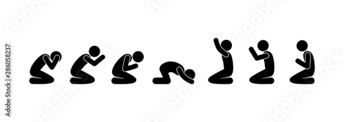 man pray icon, set of people silhouettes on knees, stick figure pictogram, isolated illustration