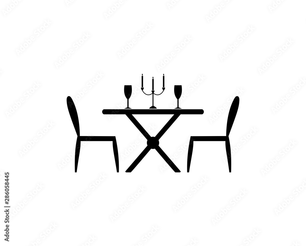 romantic dinner pictogram, table and chairs, simple flat icon, glasses and candlestick with candles on the table, isolated illustration romantic dinner pictogram, table and chairs, simple flat icon, glasses and candlestick with candles on the table, isolated illustration