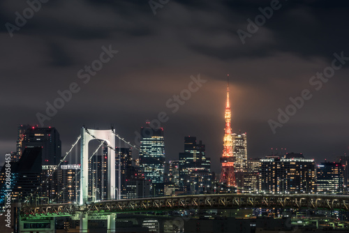 Panoramic modern city skyline bird eye aerial view of Tokyo bay under rainy night