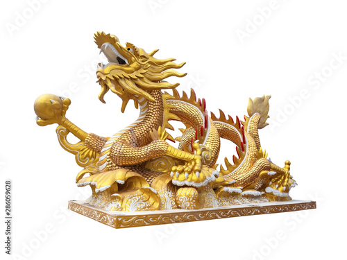 Golden Chinese golden dragon statue on white background
