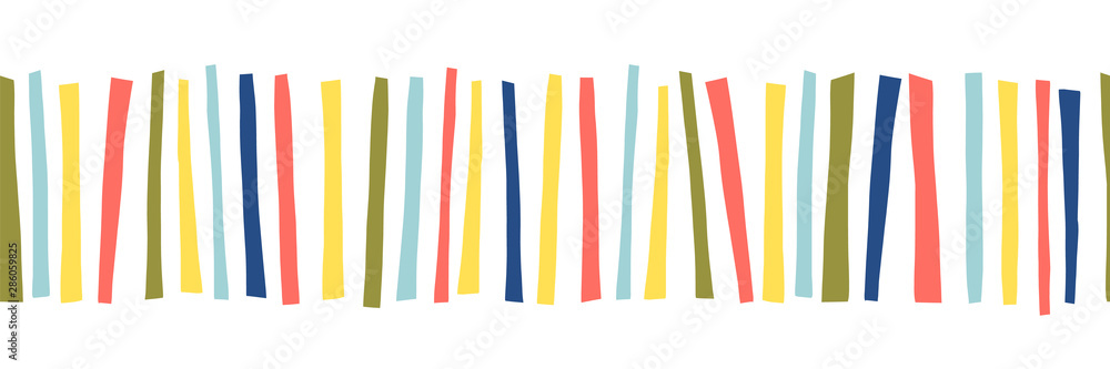 Seamless border doodle stripes. Vector pattern abstract illustration. Ribbon trim. Colorful repeating lines, use for kids fabric, cards, birthday invites, children decor, banner - obrazy, fototapety, plakaty 
