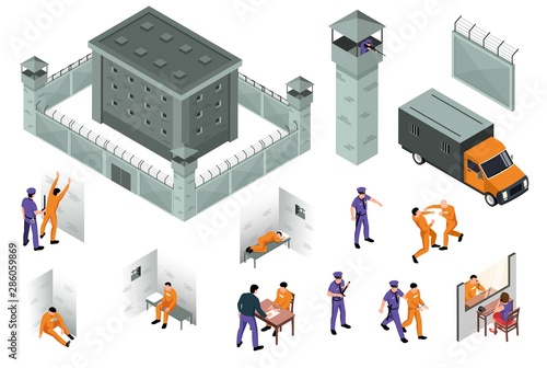 Jail Isometric Icons Set