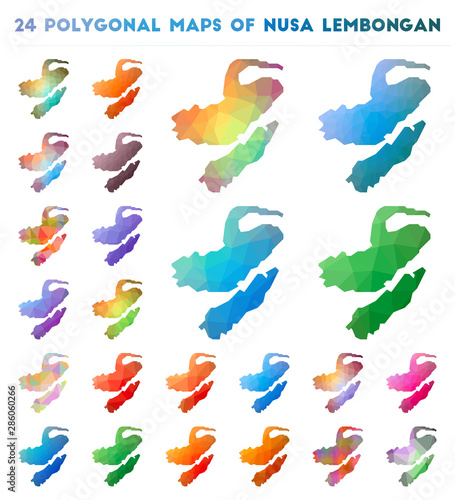 Set of vector polygonal maps of Nusa Lembongan. Bright gradient map of island in low poly style. Multicolored Nusa Lembongan map in geometric style for your infographics.