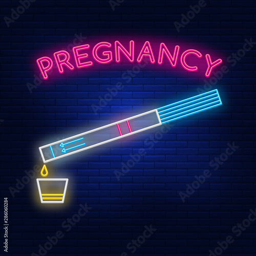 Neon lights pregnancy. Bright advertising positive pregnancy test, a glass of urine. Modern vector logo, banner, Board, picture labels pregnancy. Night advertising on the background of a brick wall.