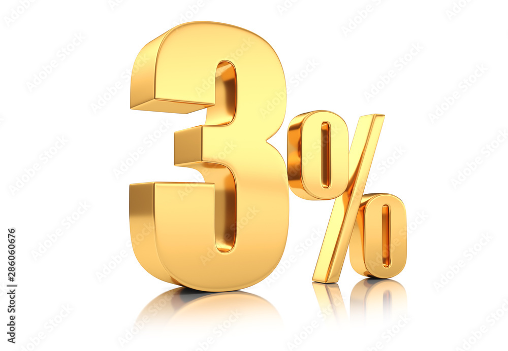 3d render illustration. Golden three percent on a white background. 3d render illustration. Golden three percent on a white background.