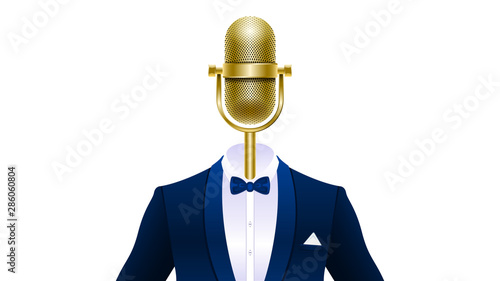 Realistic gold microphone in tuxedo with bowtie