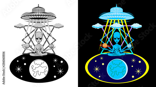 An alien is sitting in the Lotus position.