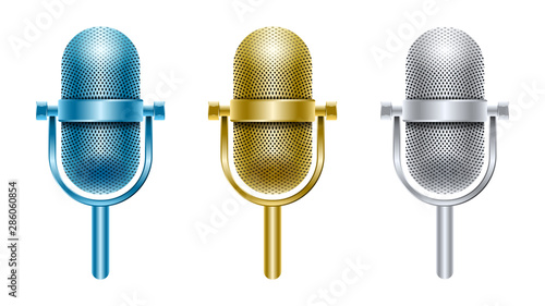 gold, silver, blue metal microphone isolated