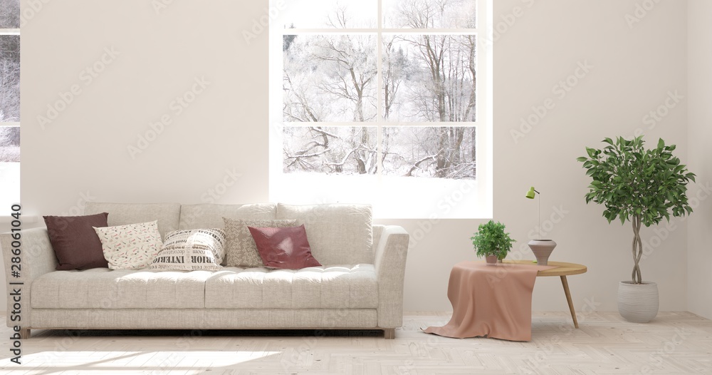 Stylish room in white color with sofa and winter landscape in window. Scandinavian interior design. 3D illustration Stylish room in white color with sofa and winter landscape in window. Scandinavian interior design. 3D illustration