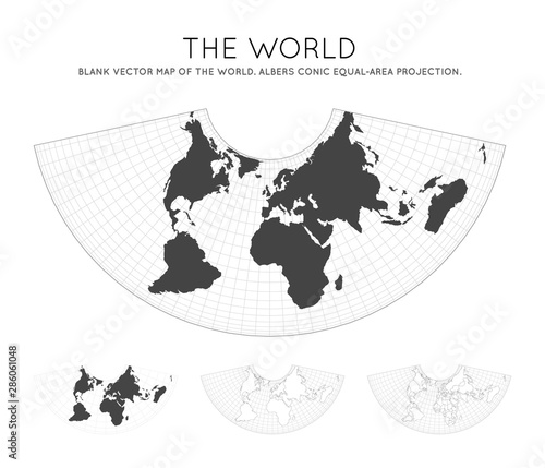 Map of The World. Albers conic equal-area projection. Globe with latitude and longitude lines. World map on meridians and parallels background. Vector illustration.