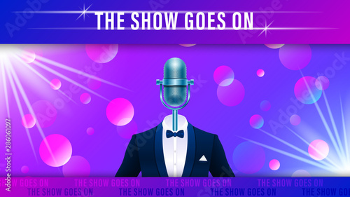 Realistic blue metal microphone in tuxedo.