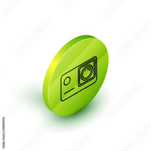 Isometric line Action extreme camera icon isolated on white background. Video camera equipment for filming extreme sports. Green circle button. Vector Illustration