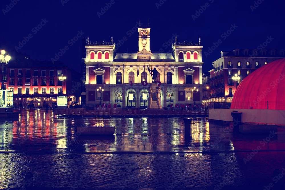 Valladolid night city view in Spain. Retro filtered colors style.