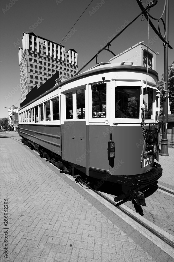 Christchurch tram. Vintage style black and white photo.
