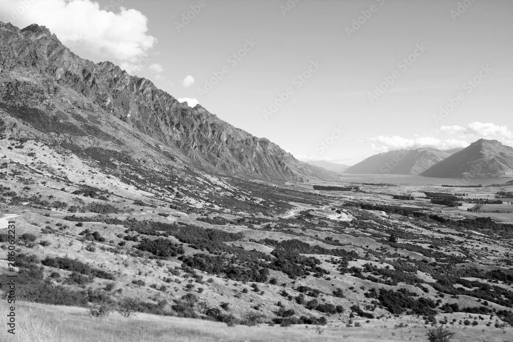 New Zealand. Remarkables mountains. Black and white vintage style.
