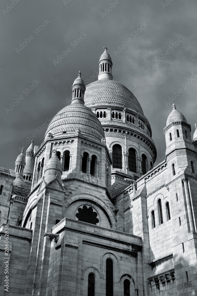 Naklejka premium Paris - Montmartre district landmark. Black and white vintage style.