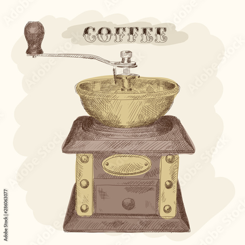 Mechanical coffee grinder with handle for beans. Pencil sketch on a beige background.