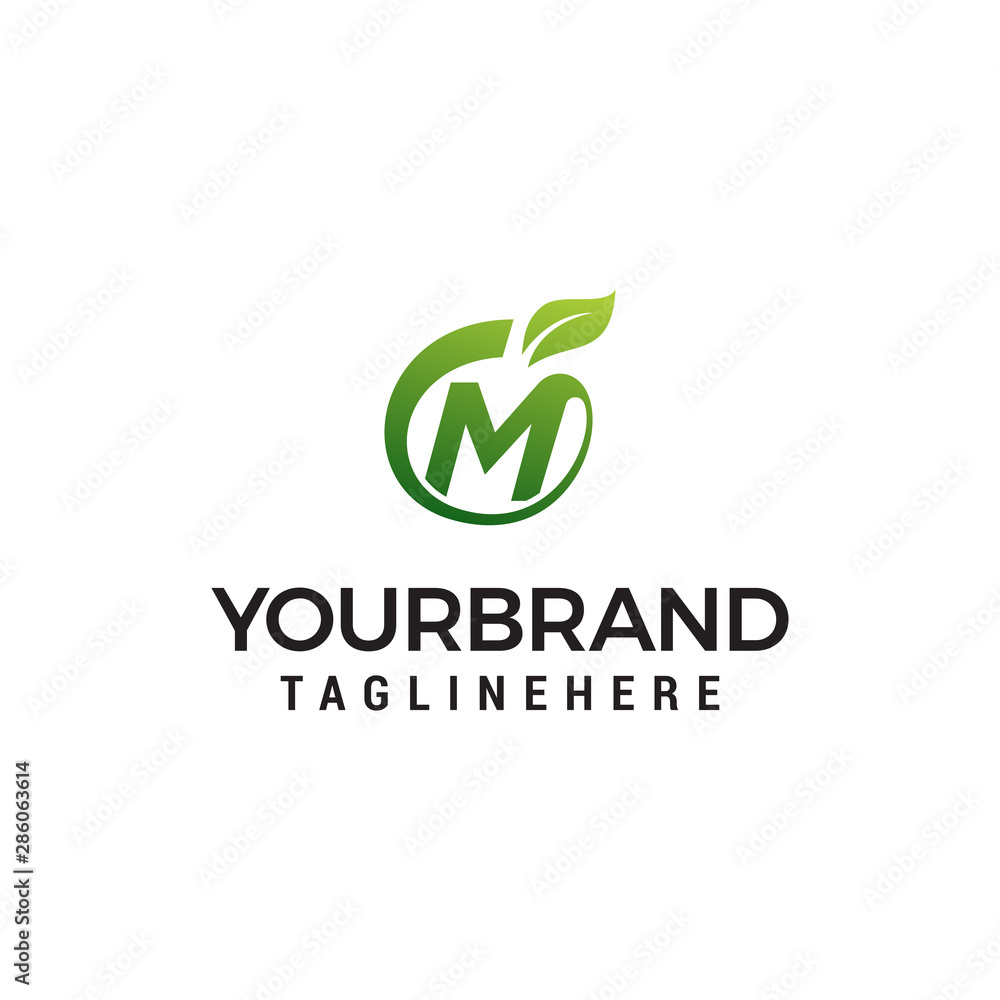 M logo initial letter design template vector with leaf fruit logo design concept template M logo initial letter design template vector with leaf fruit logo design concept template