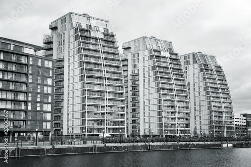 Manchester - Salford Quays modern architecture. Black and white retro style.