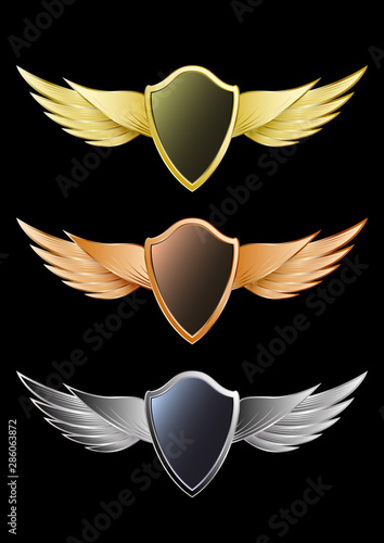 Set of wings and shields gold, bronze, silver.