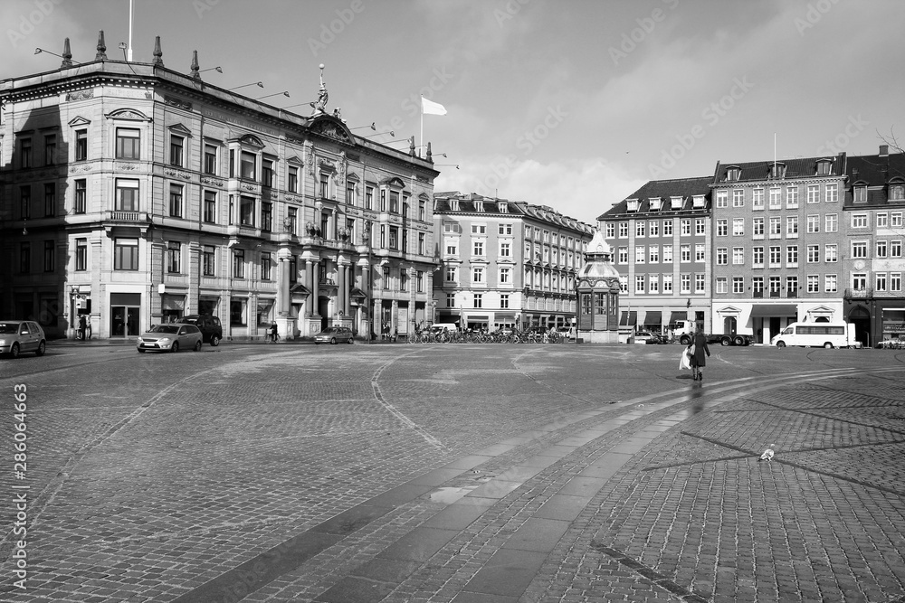 Denmark - Copenhagen. Kongens Nytorv Square. Black and white vintage style.
