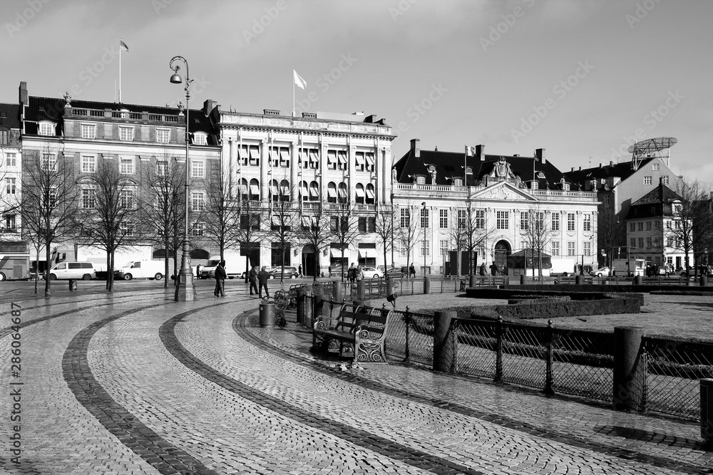 Naklejka premium Denmark - Copenhagen. Kongens Nytorv Square. Black and white vintage style.
