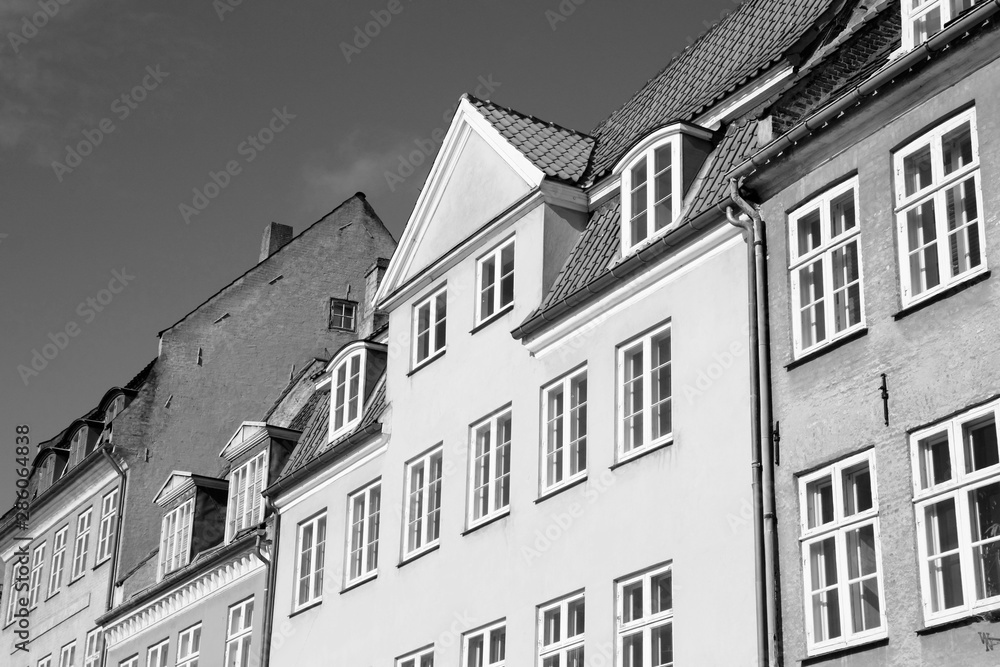 Copenhagen, Denmark - Nyhavn street. Black and white vintage style.