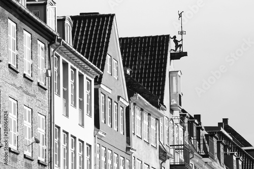 Architecture in Copenhagen. Nyhavn Street.. Black and white vintage style.