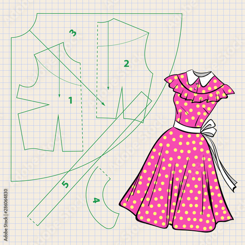 Illustration of a vector with sewing pattern and sketch of vintage dress