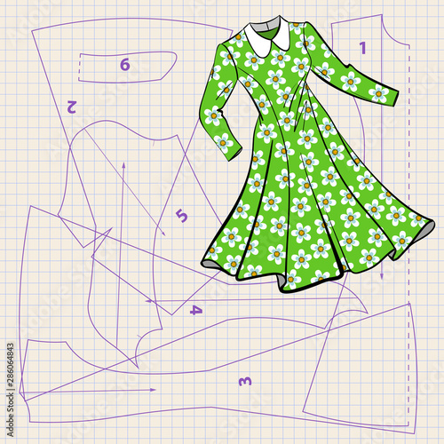 Illustration of a vector with sewing pattern and sketch of vintage dress