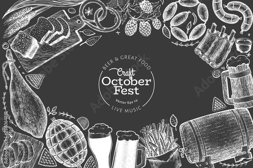 Octoberfest design template. Vector hand drawn illustrations on chalk board. Greeting Beer festival card in retro style. Autumn background.