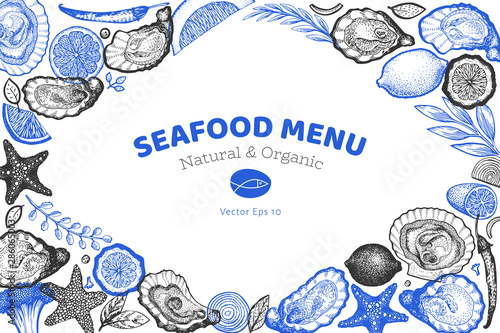 Oysters and spices design template. Hand drawn vector illustration. Seafood banner. Can be used for design menu, packaging, recipes, label, fish market, seafood products.