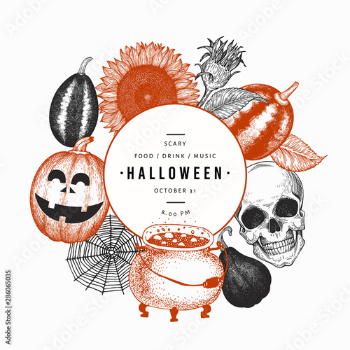 Halloween design template. Vector hand drawn illustrations. Banner with pumpkins, scull, cauldron and sunflower retro style. Autumn background.