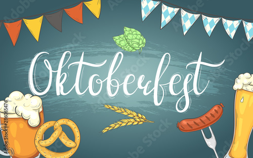 Banner for Oktoberfest. Background with beer, sausages and other.