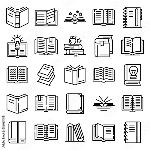 School, university books set of thin line icons on white. Outline publishing house, library pictograms collection. Reading festival, club logos. Writing competition vector for infographic, web.