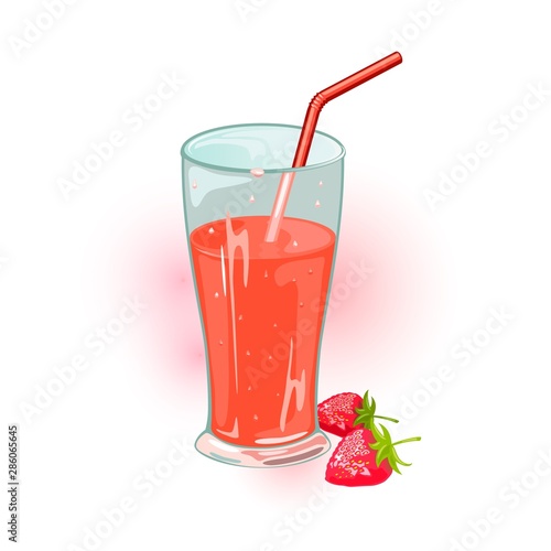 Two ripe strawberries and glass of red sweet juice with straw. Delicious summer beverage, berry drink in transparent cup. Cartoon vector icon isolated on white for menu, recipe, cookbook, packing.