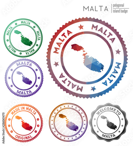 Malta badge. Colorful polygonal island symbol. Multicolored geometric Malta logos set. Vector illustration.