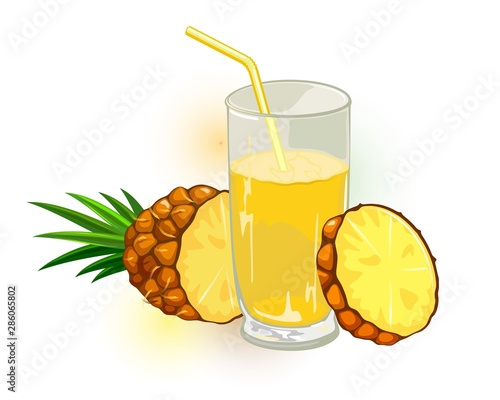 Fresh, ripe pineapple with leaves cutted to slices and glass of yellow nectar, juice or cocktail with straw. Sweet fruit tropical drink: pina colada or tepache. Summer beverage. Vector cartoon.
