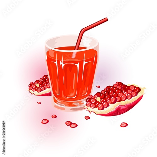 Fresh ripe red pomegranate. Fruit of punica granatum split open to reveal clusters of juicy, gem-like seeds on the inside, and glass of juice with straw. Vector cartoon illustration isolated on white.