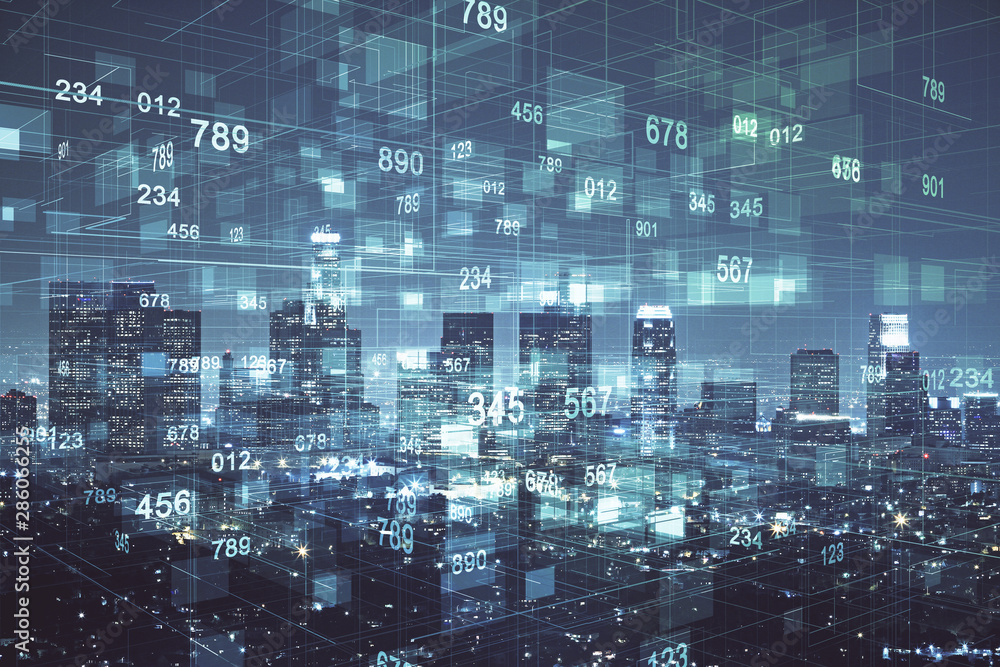 Data theme hologram drawing on city view with skyscrapers background double exposure. Ai concept. Data theme hologram drawing on city view with skyscrapers background double exposure. Ai concept.