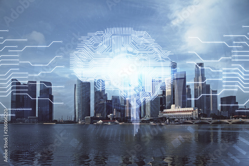 Photography Brain hologram drawing on city scape background Double exposure