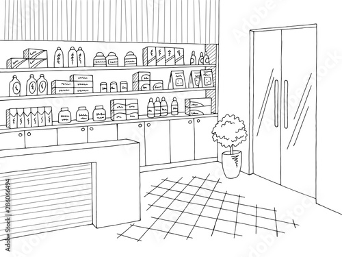 Pharmacy interior graphic store shop black white sketch illustration vector