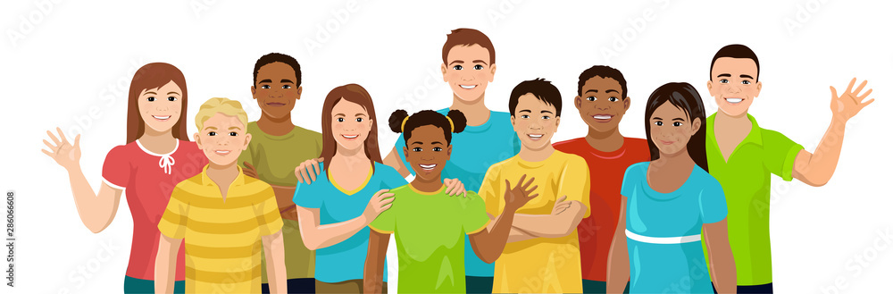 Group of children of different ethnicity. Kids and teenagers, boys and girls are stand and smile. Vector illustration isolated on white background. Group of children of different ethnicity. Kids and teenagers, boys and girls are stand and smile. Vector illustration isolated on white background.