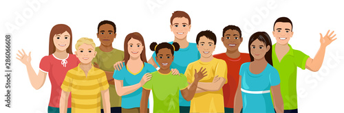 Group of children of different ethnicity. Kids and teenagers, boys and girls are stand and smile. Vector illustration isolated on white background.