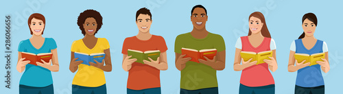 People of different ethnicity with a book. European, Asian, African American women and men hold open book in their hands. Education concept. Vector illustration set.