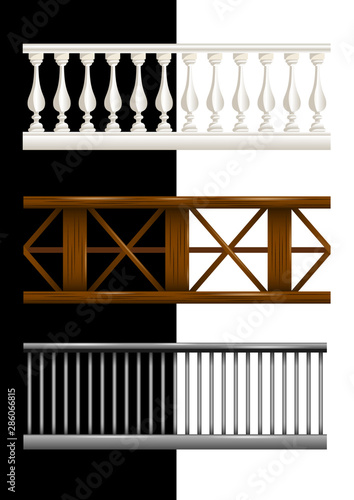 Set stone, wooden and metal railings isolated. 