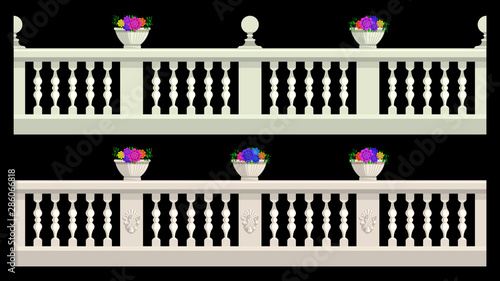 Stone railing with flower pots isolated